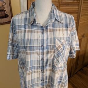 Adrian Dilafield Blue and Tan Plaid Button-Up Shirt XL